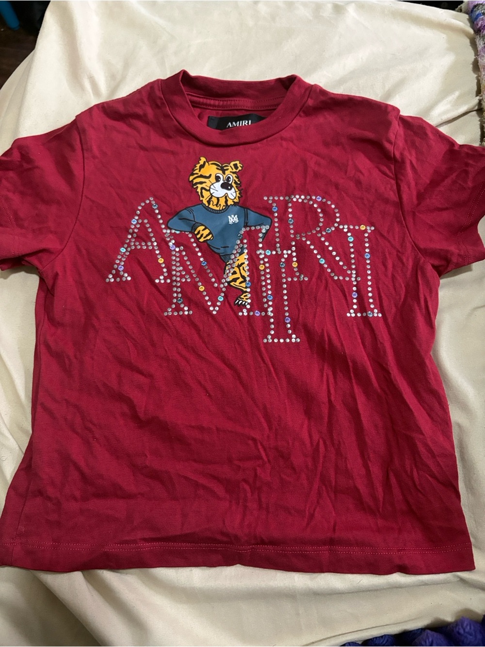 AMIRI Kids Red Tee with Tiger Graphic and Rhinestone Logo
